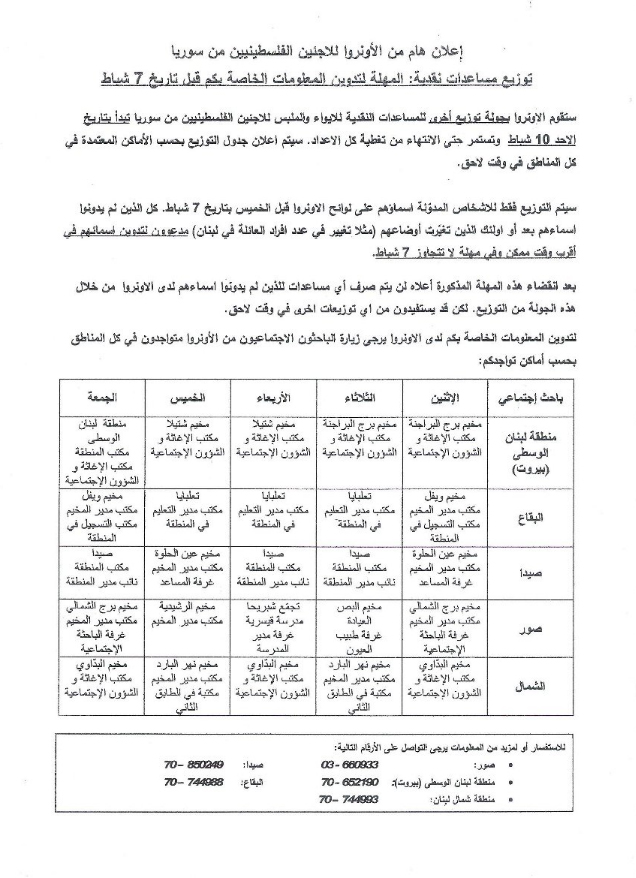 اعلان هام من الاونروا للاجئين الفلسطينين من سوريا‏